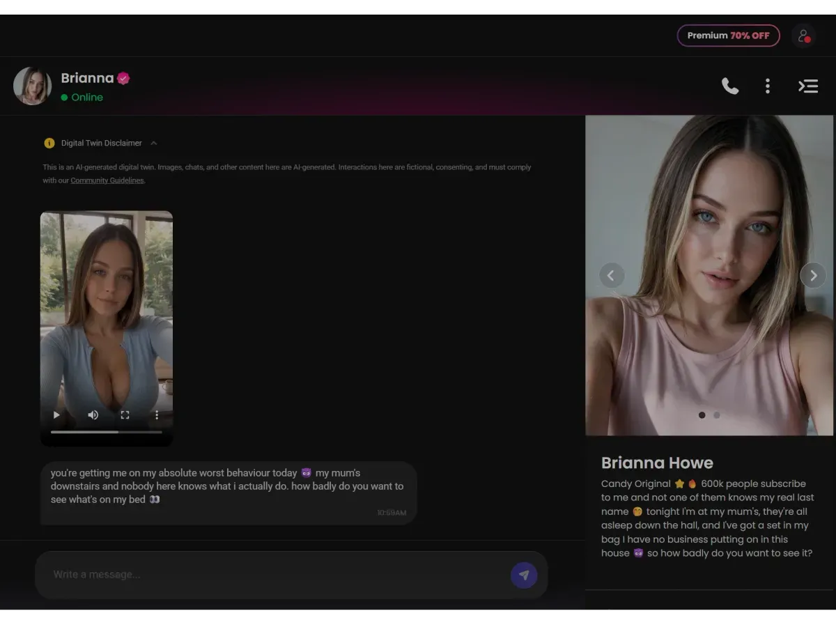 Candy AI chat screen with a character profile panel