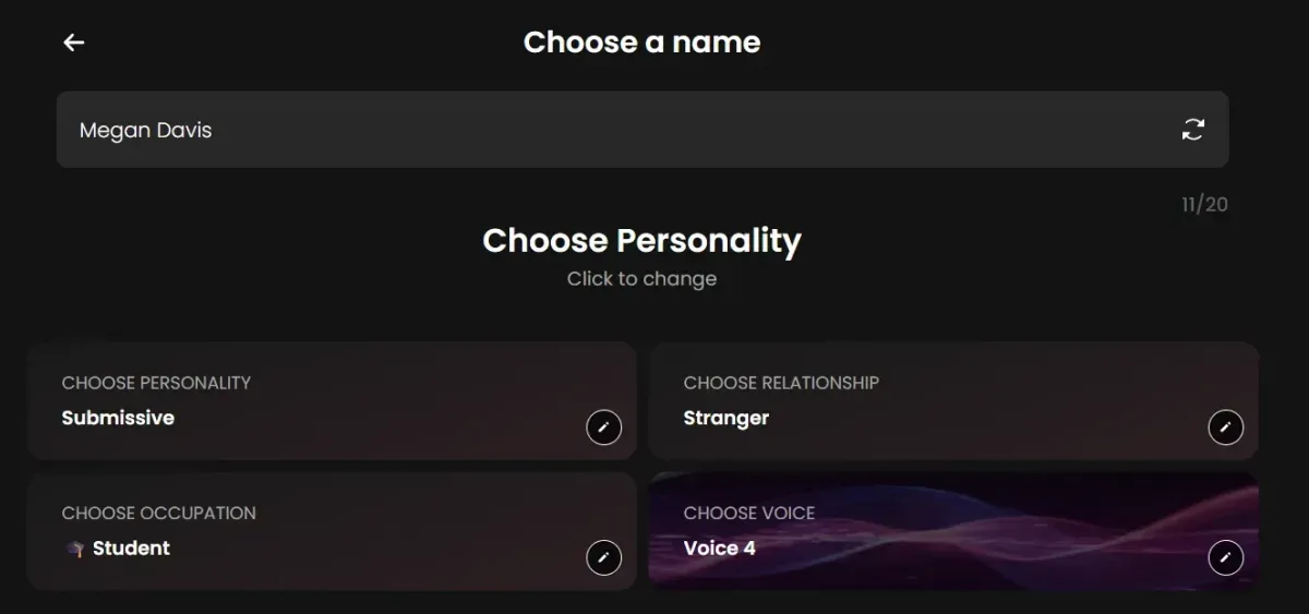 Candy AI character creator: name, personality, relationship, occupation and voice